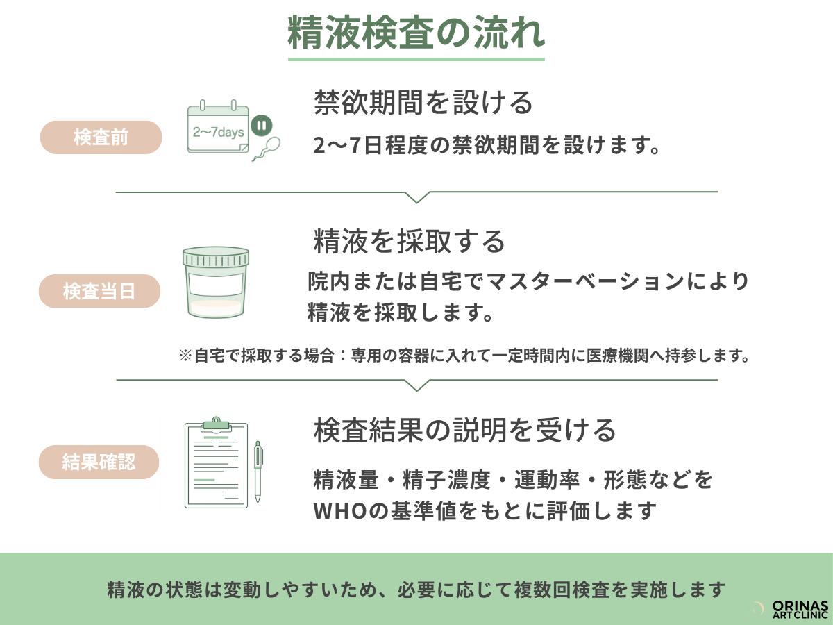 精液検査の流れ(禁欲期間→精液採取→検査結果の説明)を示した図解