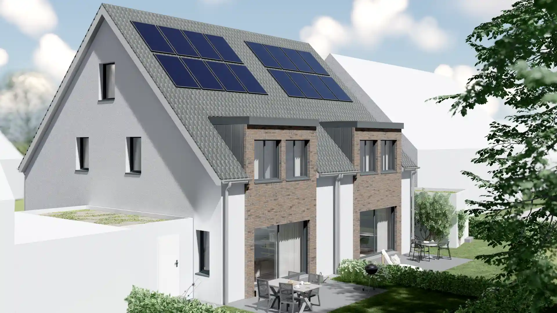 Visualisierung der Gartenseite mit Terrassen und Photovoltaik, Hochstadenstraße