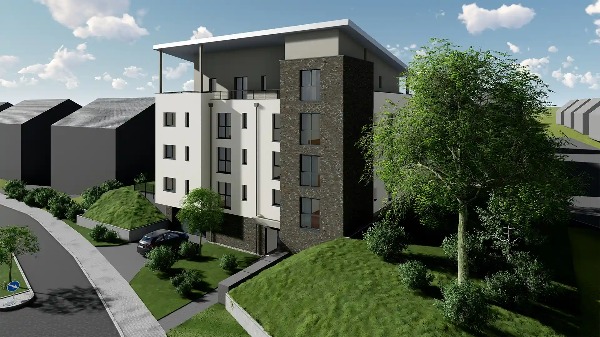 Visualisierung LivingSun an der Talstraße, Seitenansicht mit Zufahrt