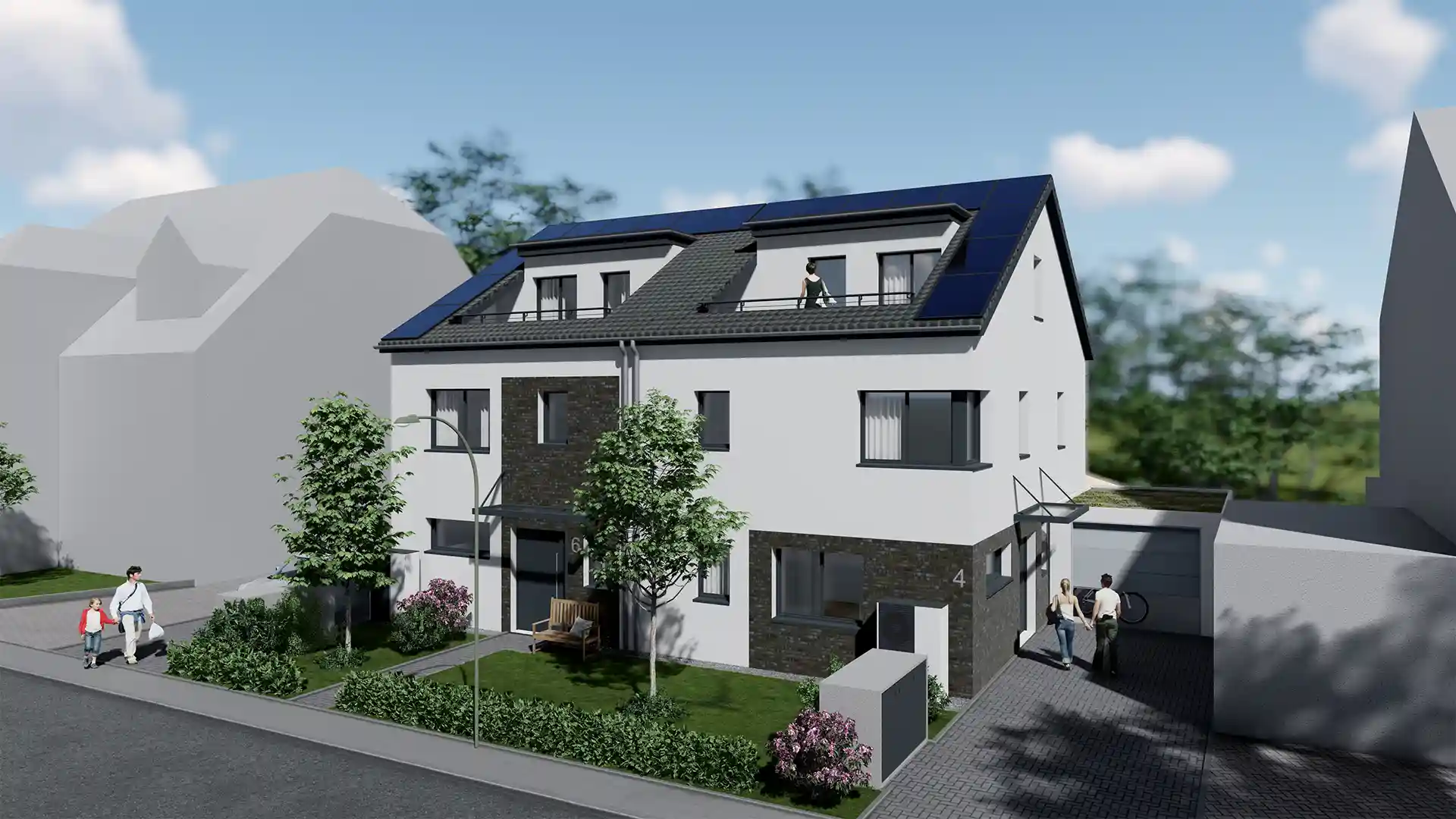 Beispielbebauung mit Doppelhaus an der Potsdamer Straße in Neuss, Straßenansicht
