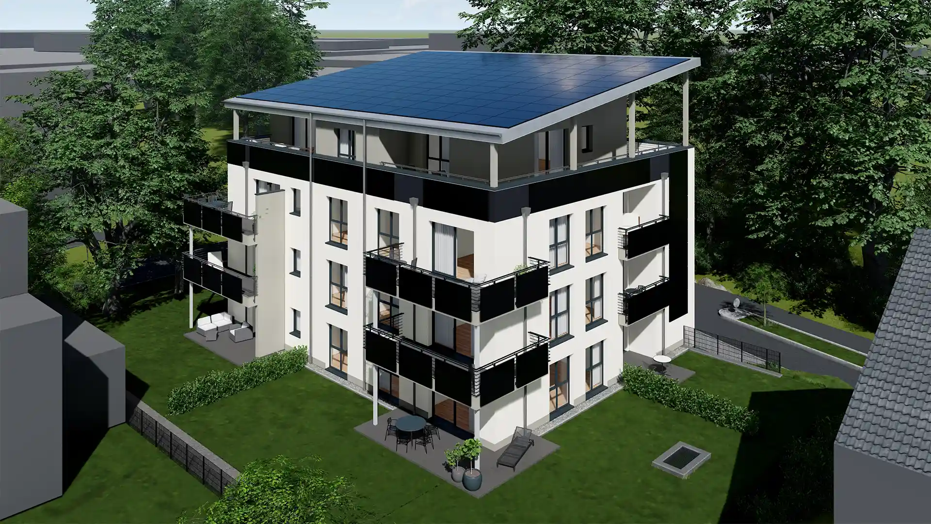 Visualisierung LivingSun mit Solardach und Balkonen, Gartenseite