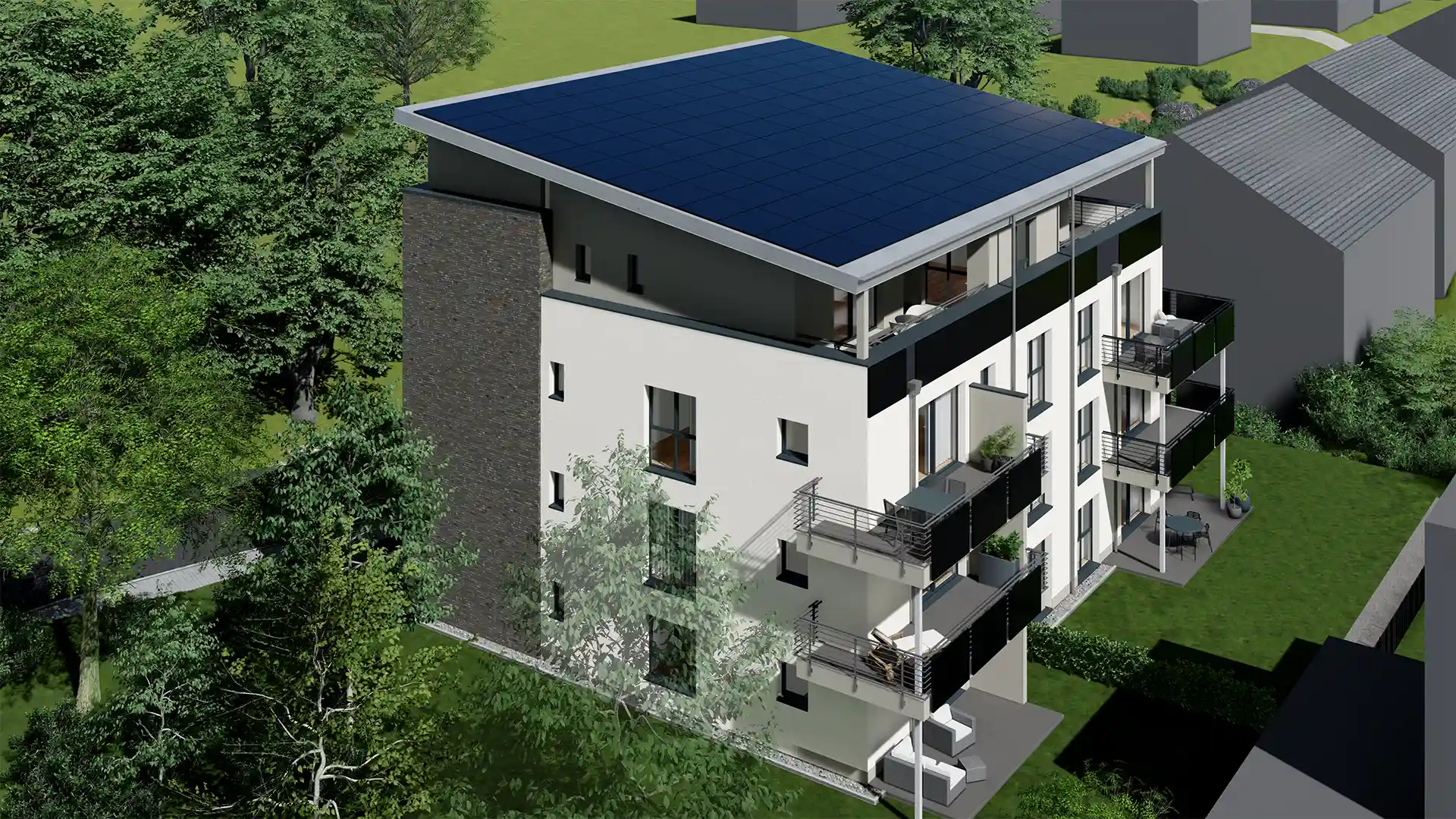 Visualisierung LivingSun mit Photovoltaik auf dem Dach und Balkonen