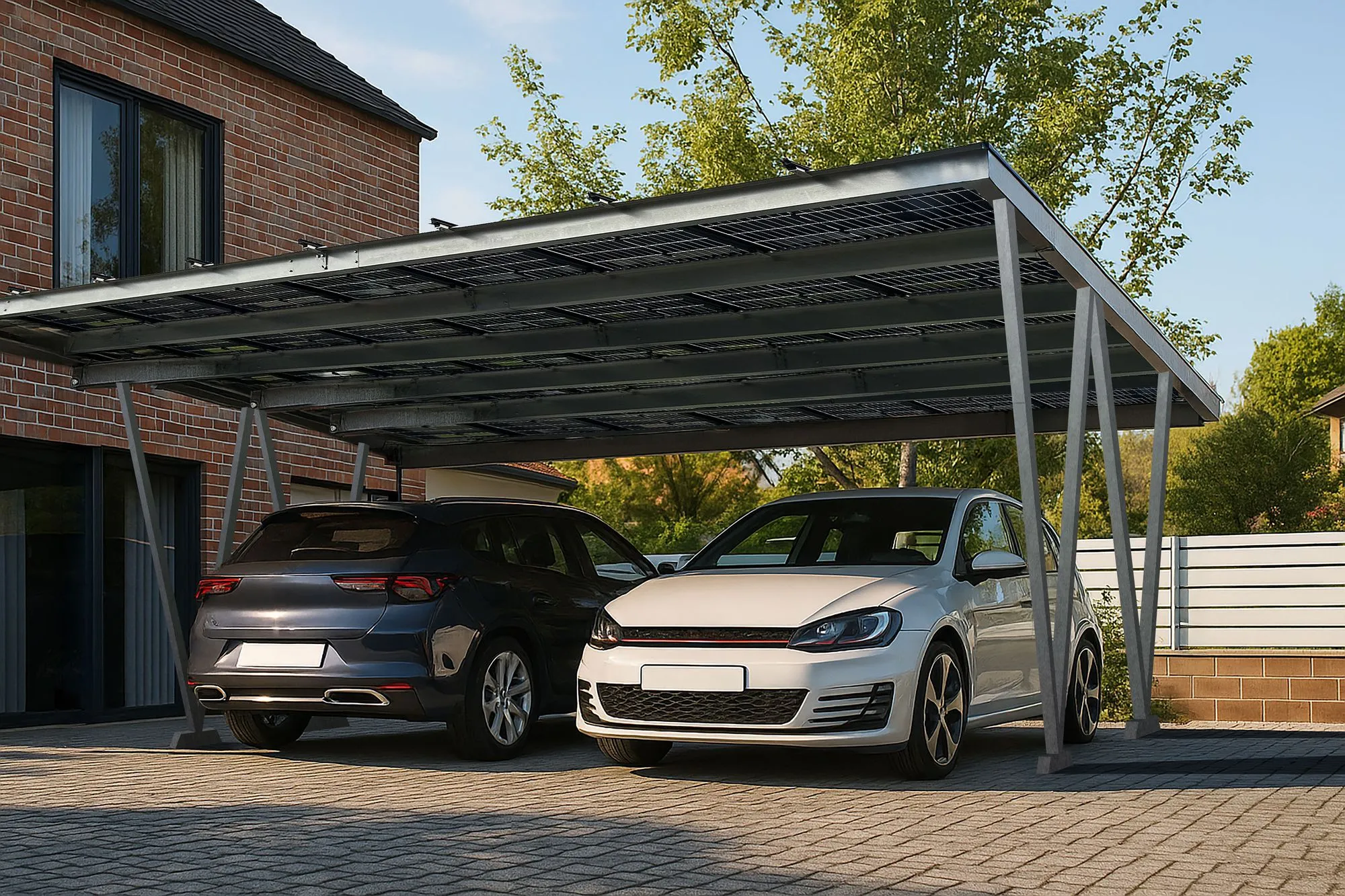 Zwei Autos, ein weisser Kompaktwagen und ein dunkler SUV, stehen nebeneinander unter einem eleganten Solar-Carport mit Flachdach neben einem Wohngebäude aus rotem Backstein. Der Carport wird von schrägen Stahlträgern getragen und verfügt über integrierte Solarpanels. Die Einfahrt ist mit Betonplatten gepflastert und von Bäumen sowie einem modernen weißen Zaun umgeben – typisch für ein vorstädtisches Umfeld.