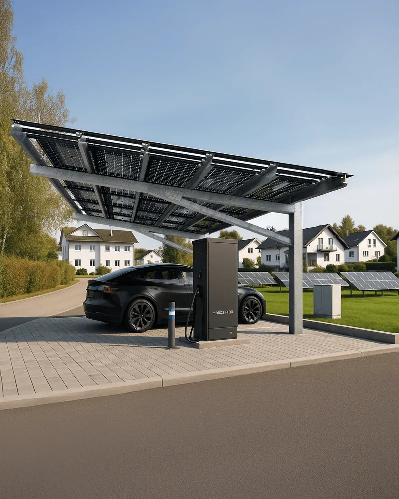 Ein elegantes schwarzes Elektroauto lädt unter einem einspurigen Solar-Carport mit integrierten Photovoltaikmodulen, beschriftet mit „Helios+100“. Die Anlage steht auf einem ordentlich gepflasterten Bereich neben einer Strasse in einem Vorort mit weißen Häusern und gepflegten Rasenflächen. Im Hintergrund sind bodenmontierte Solarpanels und Bäume unter einem klaren blauen Himmel zu sehen.