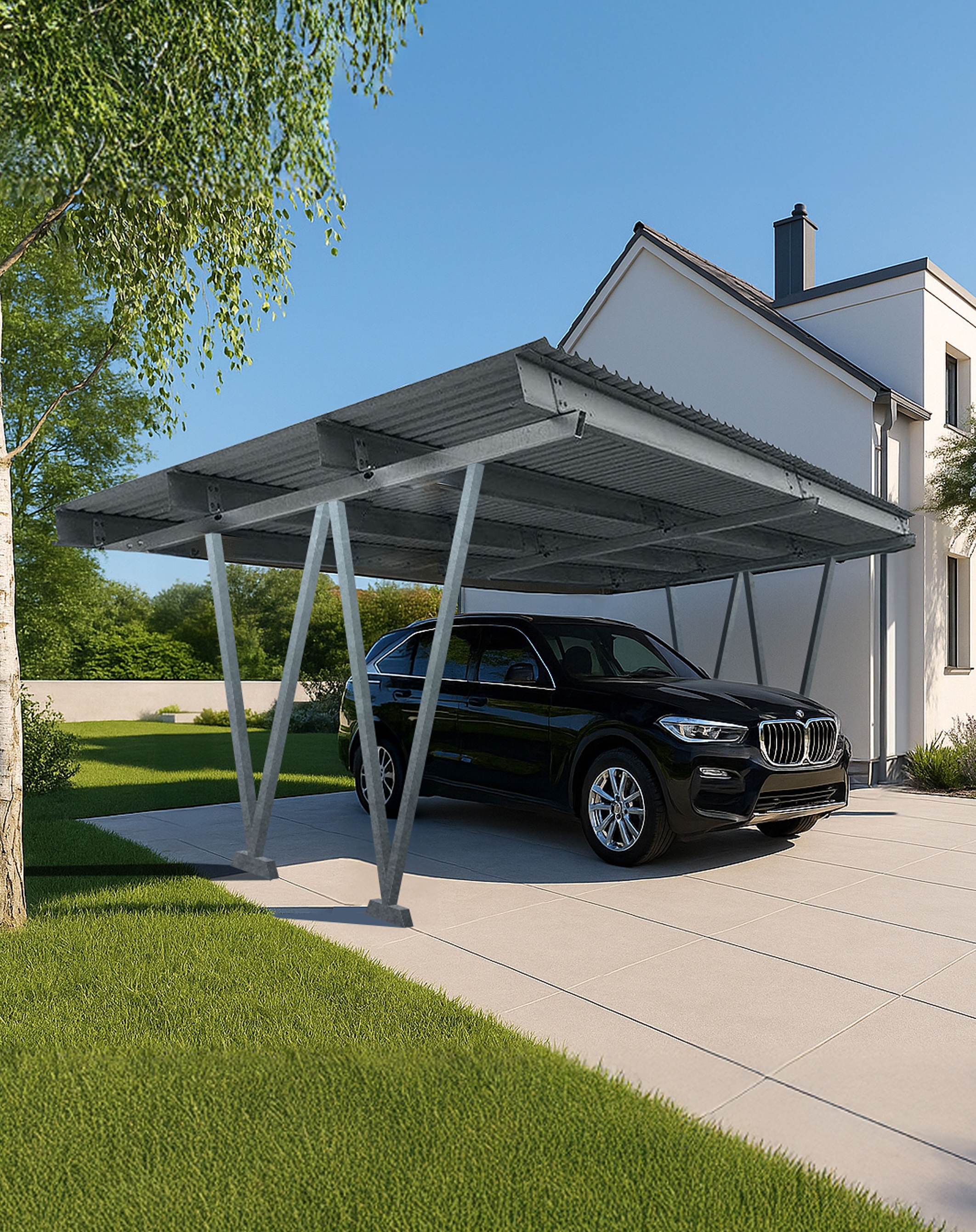 Ein schwarzer SUV steht unter einem einspurigen Solar-Carport aus Stahl mit V-förmigen Stützen vor einem modernen weissen Zweifamilienhaus. Die Einfahrt ist mit grossen, hellen Fliesen gepflastert und von gepflegtem Rasen, Bäumen und angelegten Sträuchern umgeben. Die sonnige Vorstadtszenerie vermittelt den Eindruck eines ruhigen Wohnquartiers.