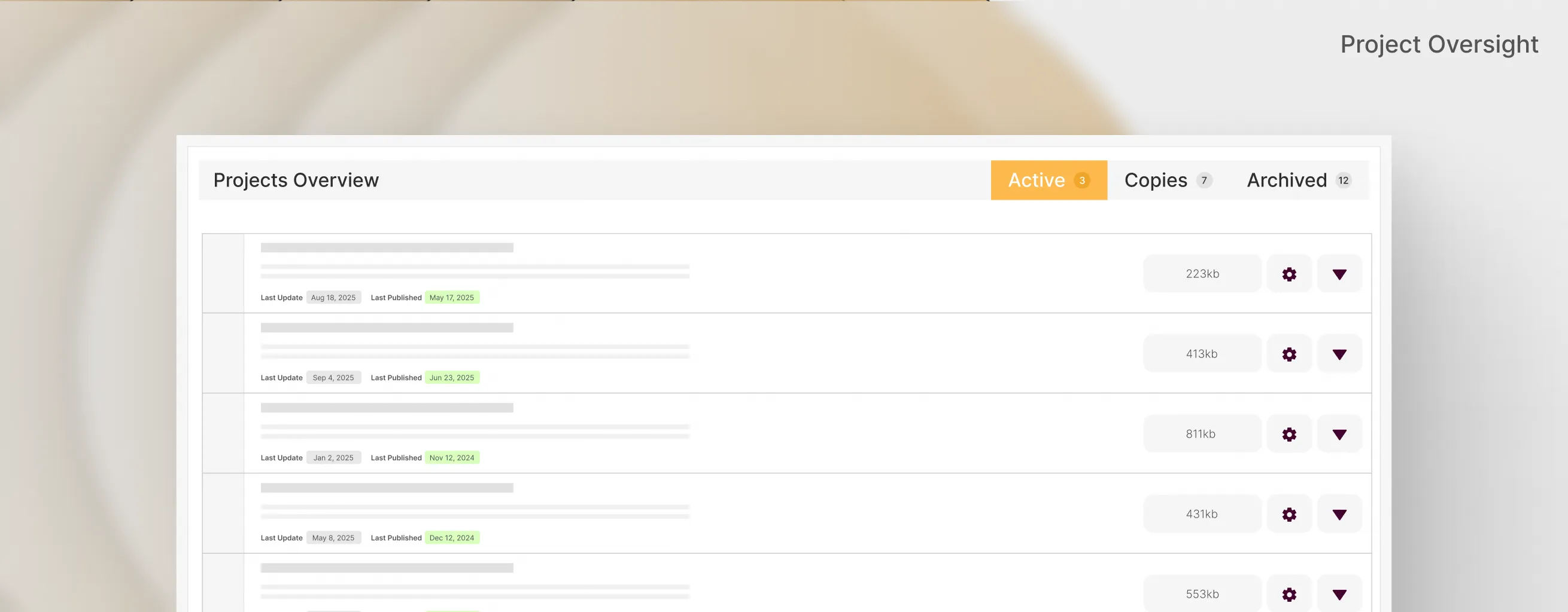 Project overview dashboard showing active, copied, and archived projects