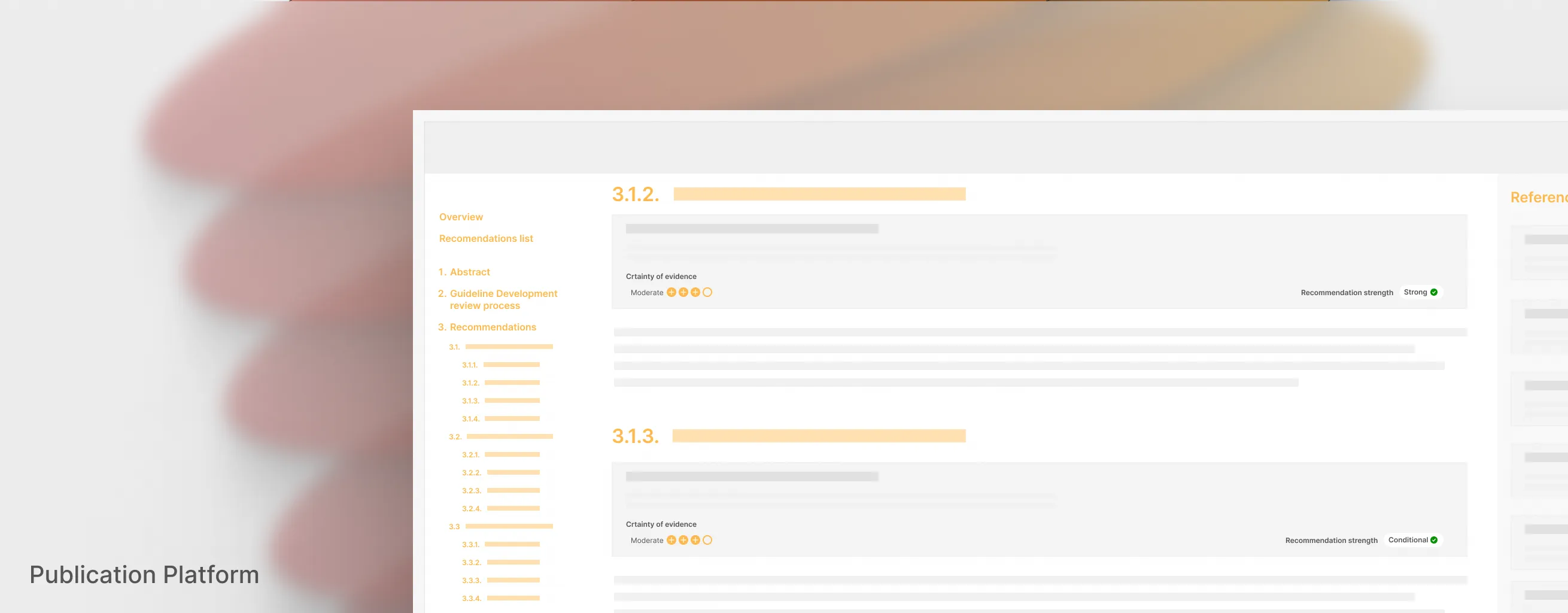 Publication platform document with sections, subsections, and recommendation ratings