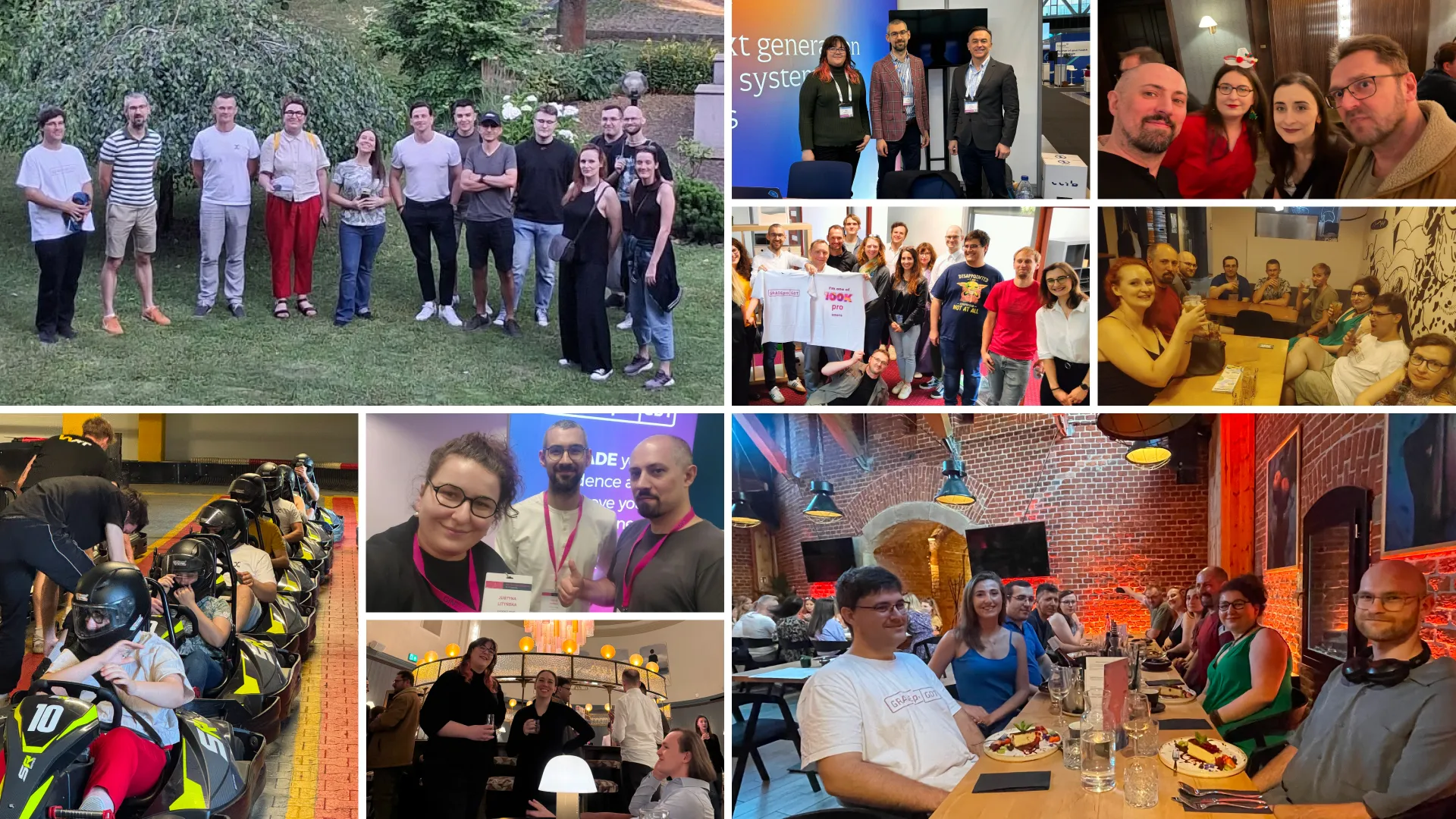 Collage of team photos, group events, and social gatherings at workplace