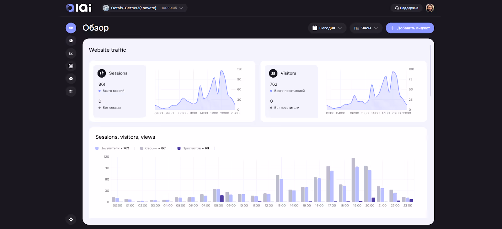 Website analytics dashboard showing graphs of sessions and visitors throughout the day with a bar chart summarizing sessions, visitors, and views by hour.