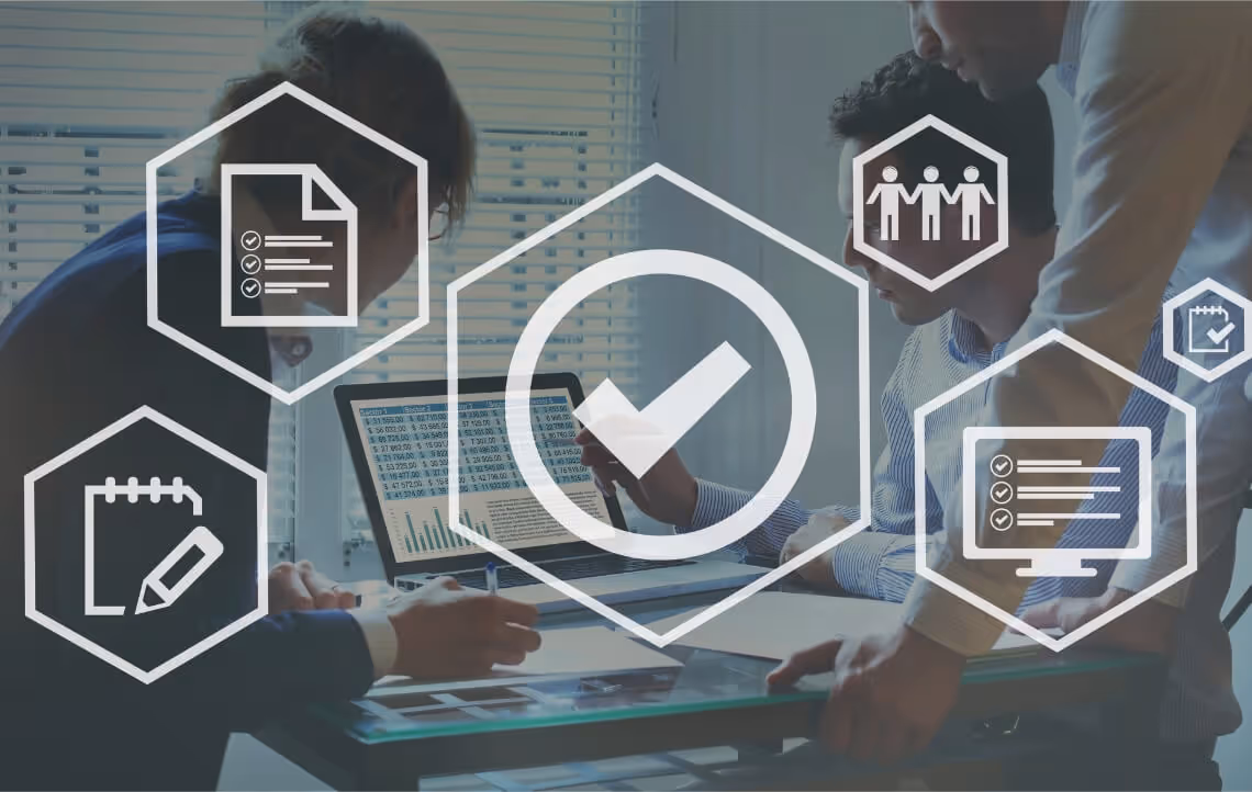 Three business professionals collaborating at a table with a laptop showing data, overlaid with icons of checkmarks, documents, a notepad with pencil, a computer screen, and a team of people.