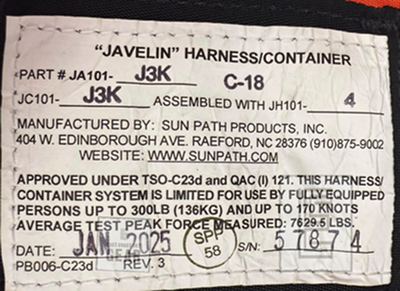 Data Card of Sun Path Skydiving Rig