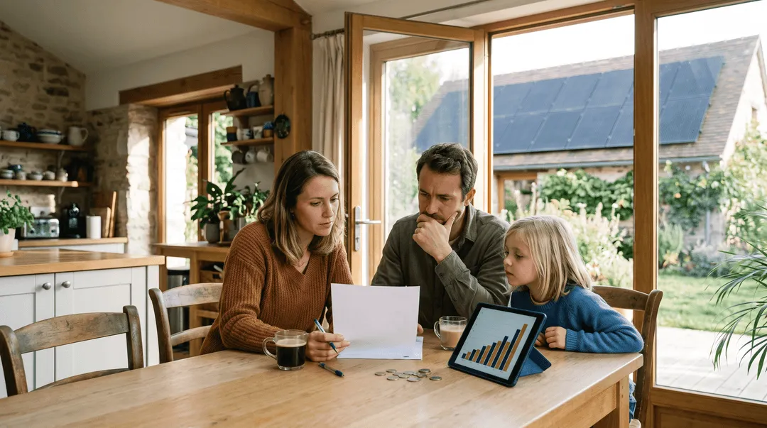 Famille française examinant sa facture d'énergie en hausse, panneaux solaires visibles sur le toit par la fenêtre