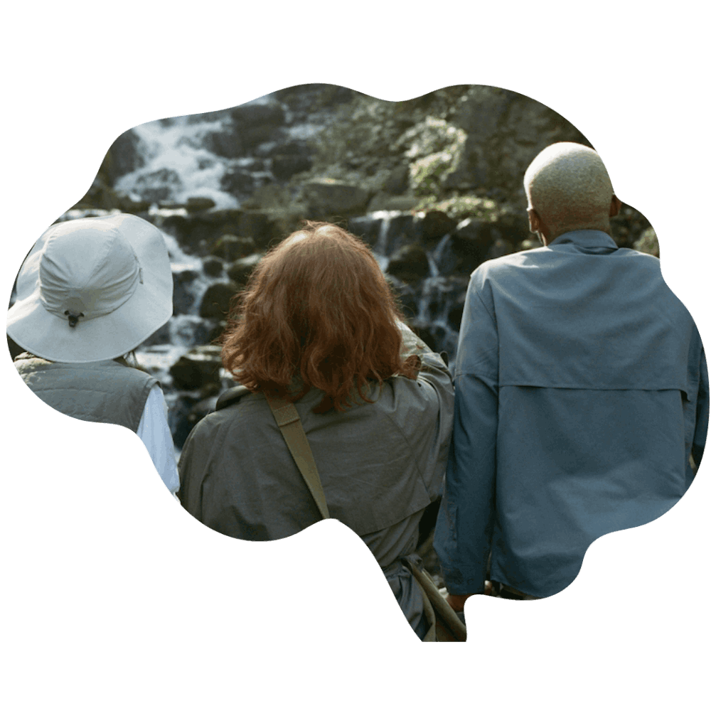 A callout shape within which you can see the backs of 3 individuals who are looking at a waterfall. 