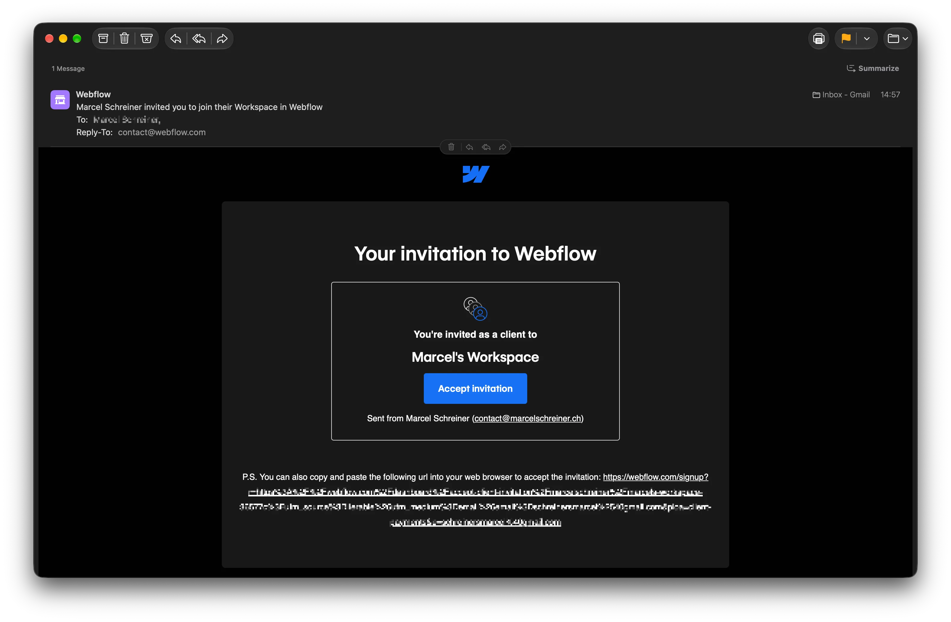 E-Mail mit der Einladung zu deiner Webflow-Seite