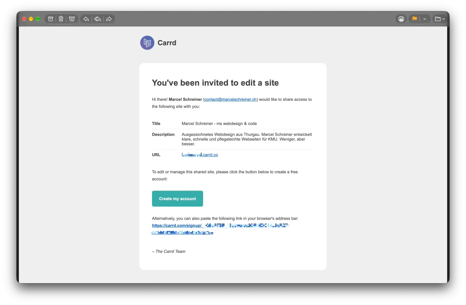 E-Mail von Carrd mit der Einladung zu deiner geteilten Seite