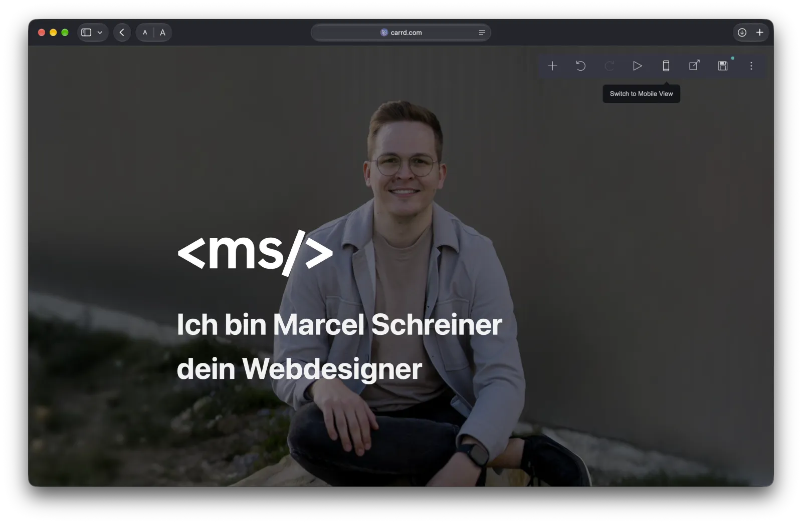 Carrd-Editor mit dem Symbol, das auf die Smartphone-Ansicht wechselt