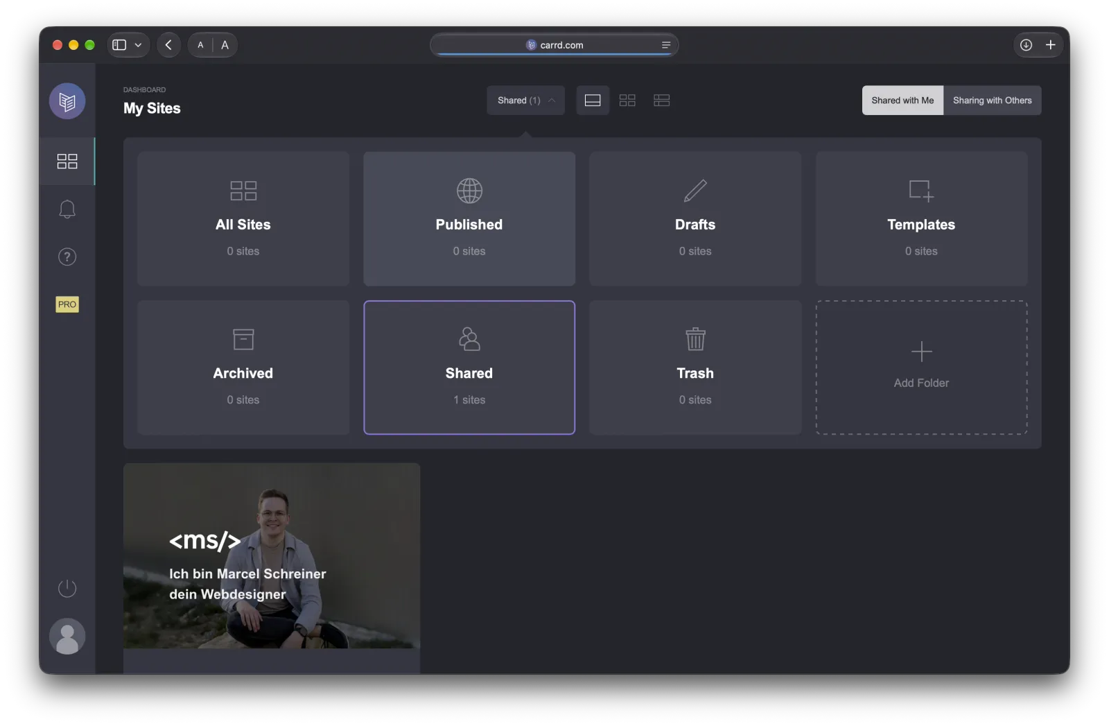 Carrd-Dashboard mit dem Tab Shared Sites, in dem deine geteilte Seite liegt