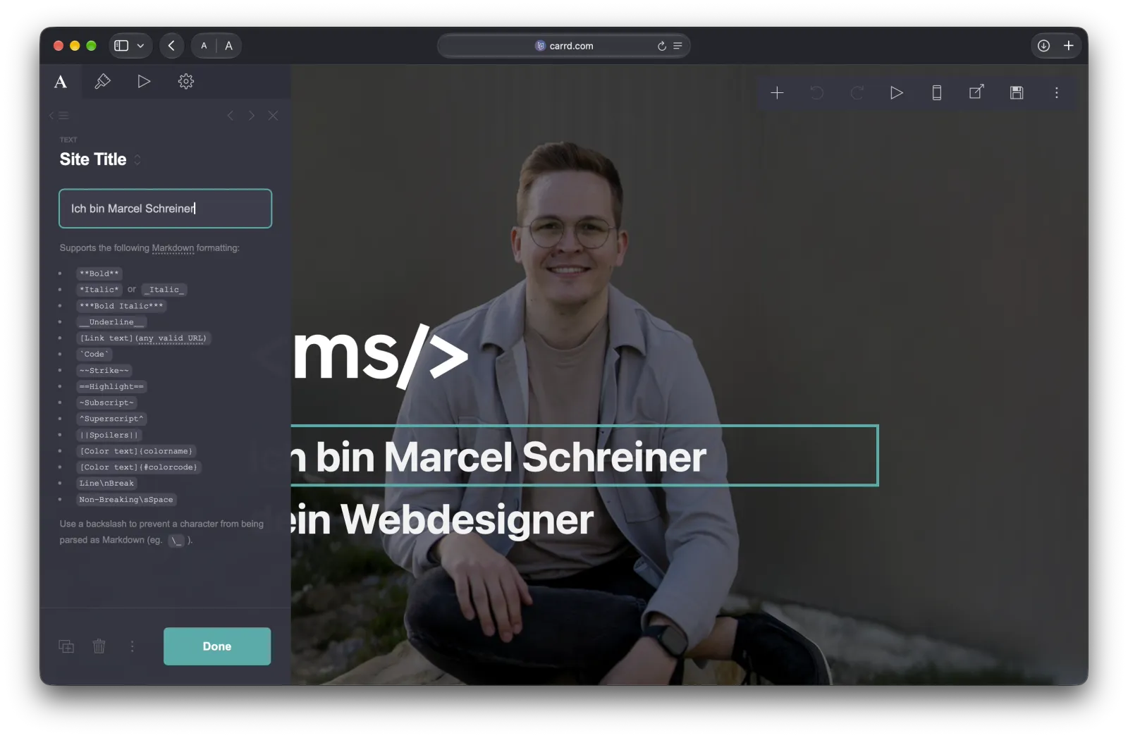 Angeklickter Text im Carrd-Editor, der direkt bearbeitet werden kann