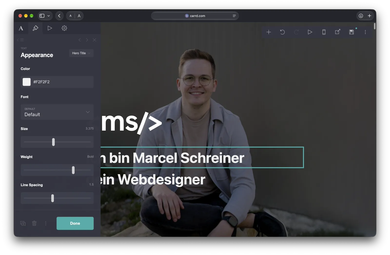 Bereich Appearance im Carrd-Editor mit Farbe, Schrift, Grösse und Zeilenabstand, oben rechts der Style Hero Title