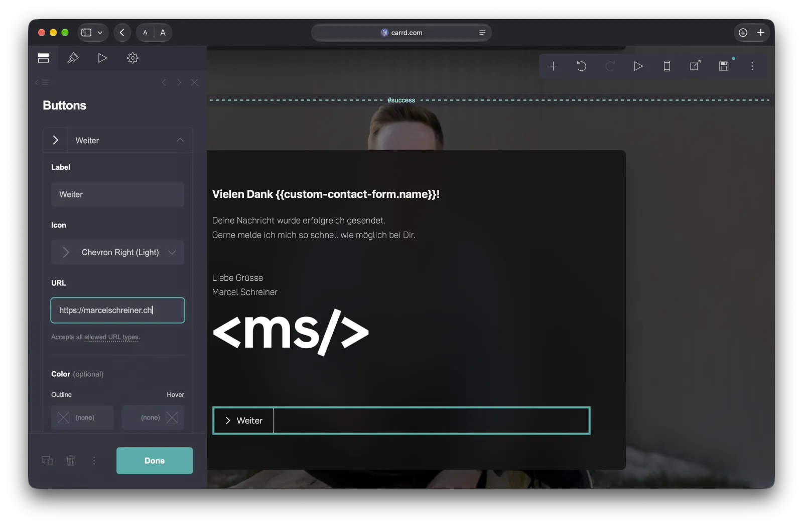 Button im Carrd-Editor mit dem Feld für die verlinkte Adresse
