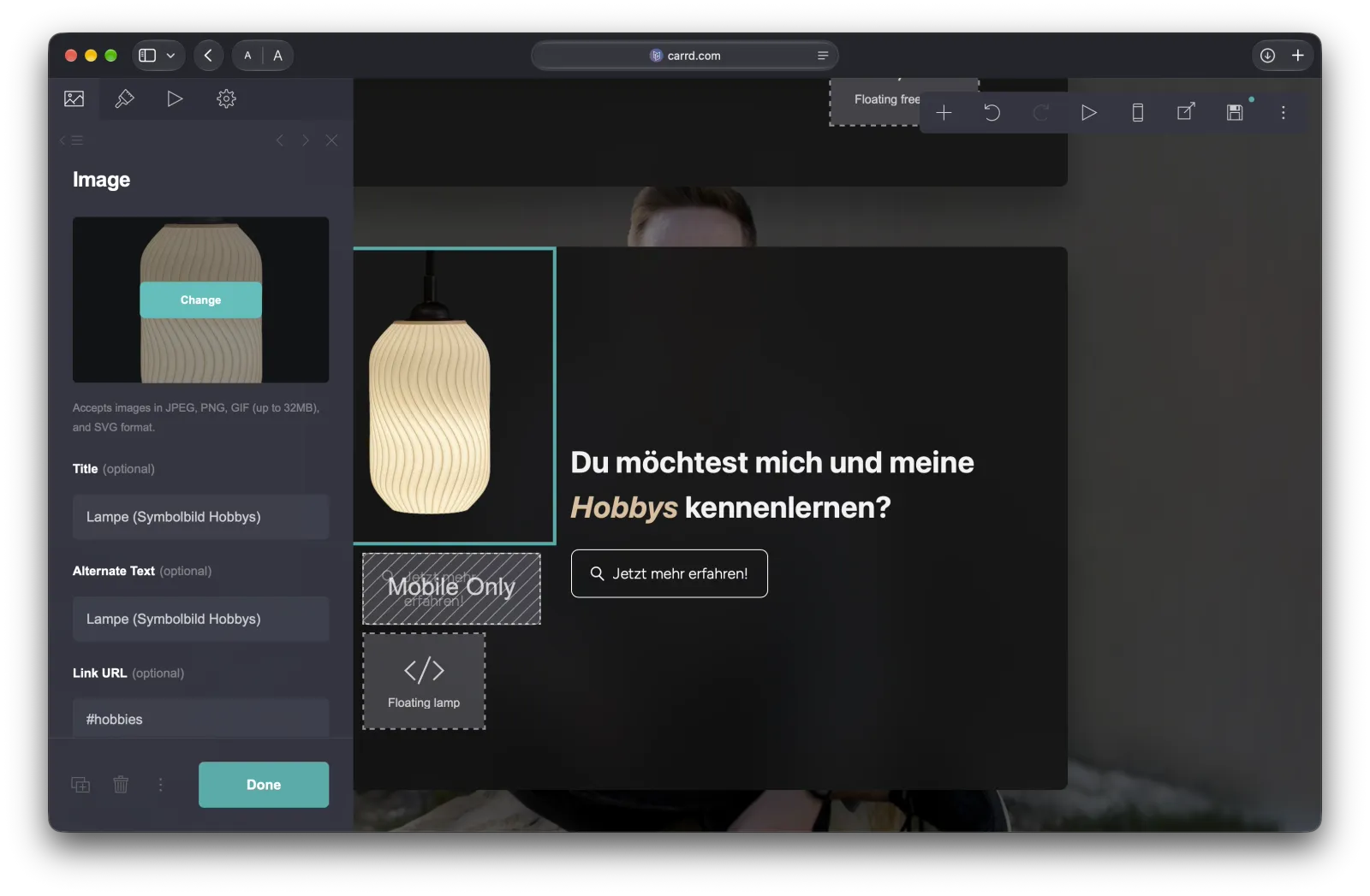 Bild-Element im Carrd-Editor mit dem Feld für eine neue Bilddatei