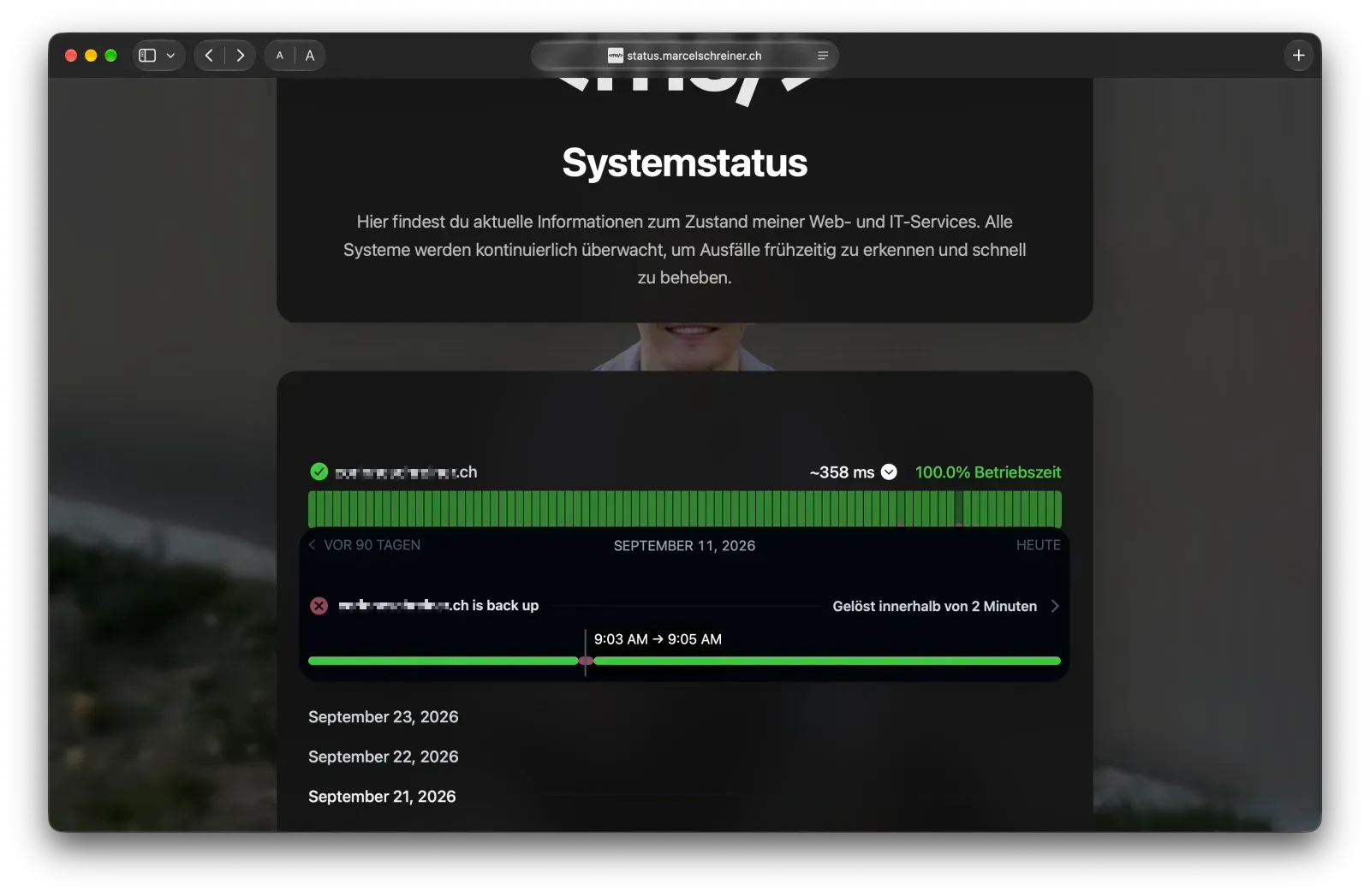Verfügbarkeitsverlauf mit einem farbigen Balken pro Tag