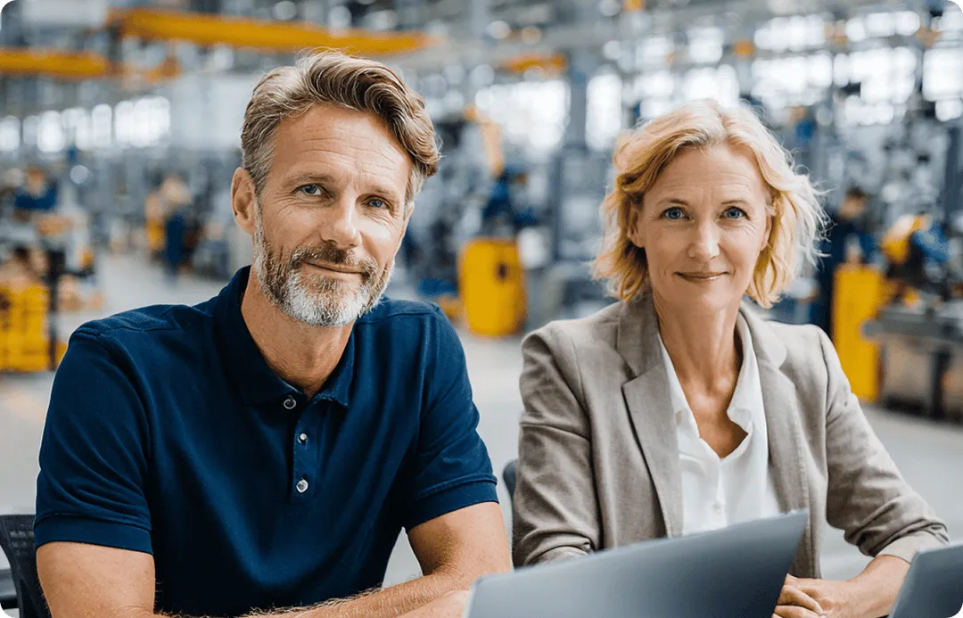 A man and woman in a professional setting, looking at the camera in a factory.