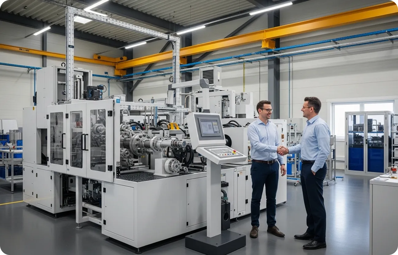 Two men in business shirts shaking hands in a clean, modern factory.