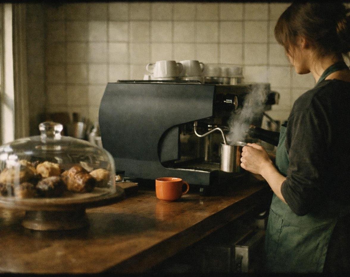 A barista steaming milk at a cafe counter