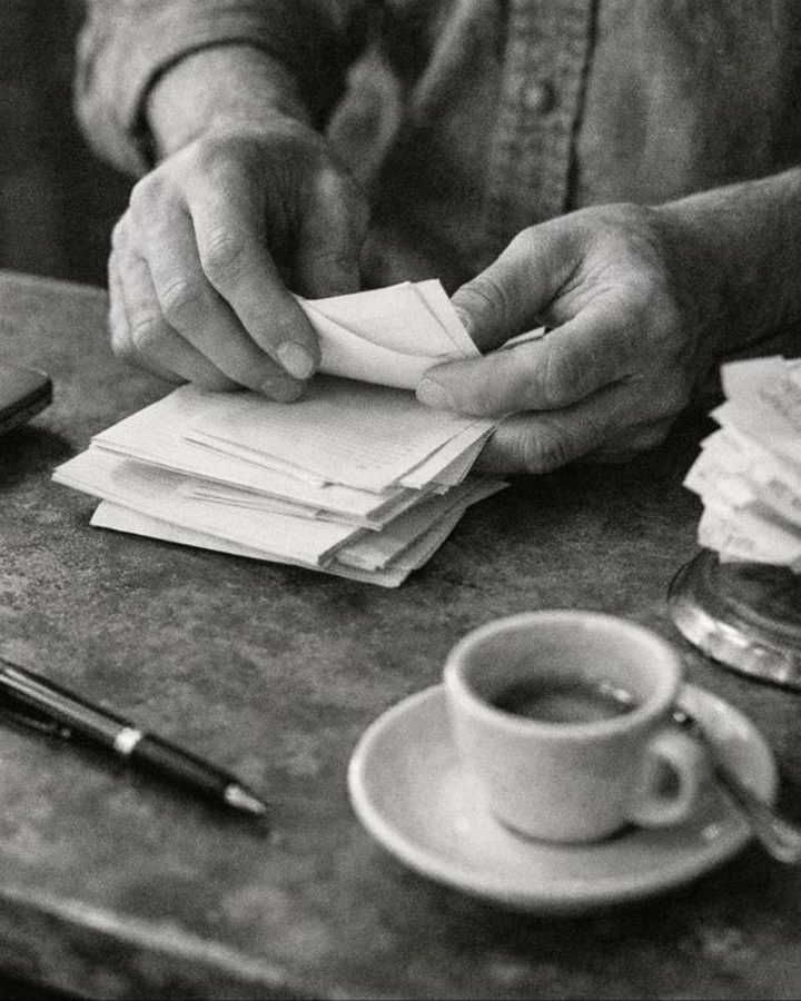 Sorting vendor invoices at a cafe counter