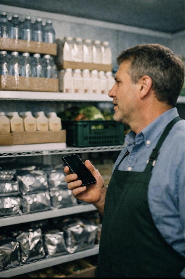 A manager counting inventory by voice in a walk-in cooler