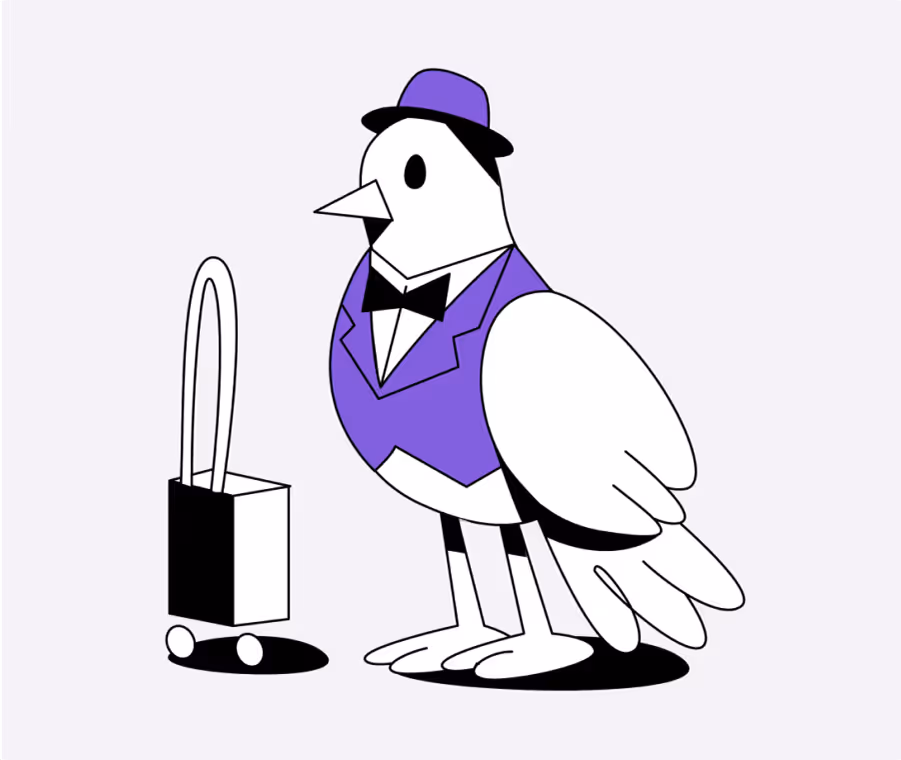 Stylized black-and-white illustration of a pigeon in a purple tuxedo, bow tie, and hat, standing upright beside a wheeled delivery bag — representing the Pidge brand’s playful identity.