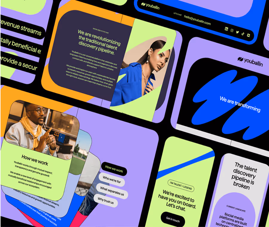 Showcase of the Youballin website featuring a vibrant, high-contrast layout with bold typography, colorful cards, and messaging focused on disrupting the talent discovery pipeline.