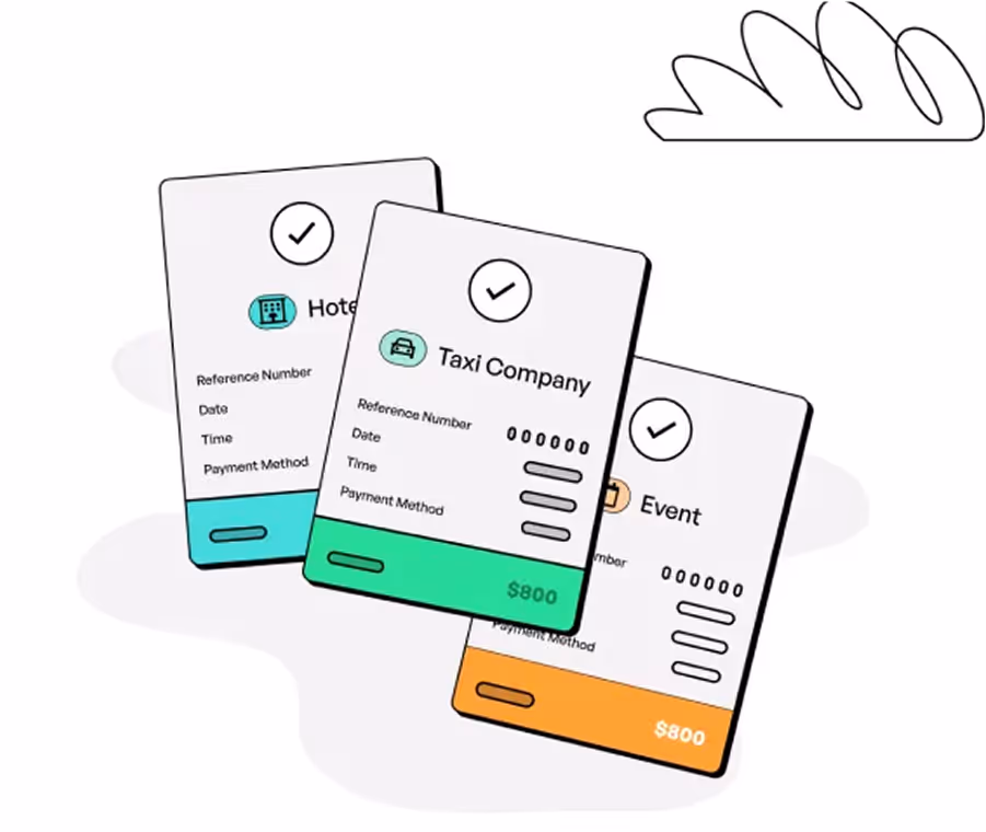 Vector-style illustration of categorized payment records for a hotel, taxi company, and event. Each card displays a reference number, date, time, payment method, and an $800 total, suggesting an expense tracking or reimbursement system.