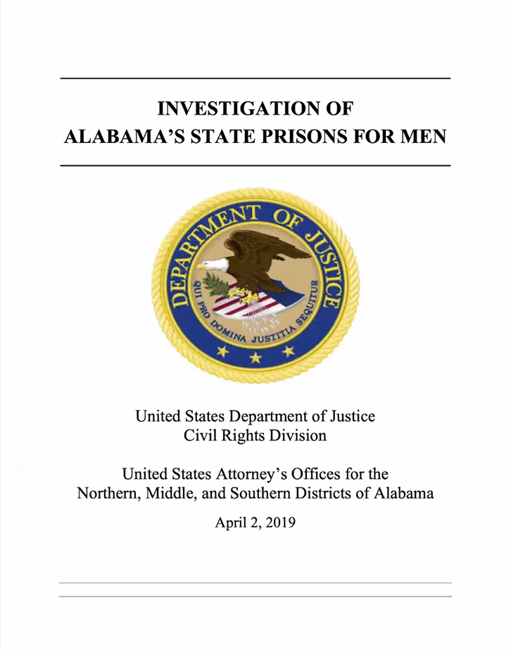 Title page of a report titled 'Investigation of Alabama's State Prisons for Men' with the U.S. Department of Justice seal and publication date April 2, 2019.