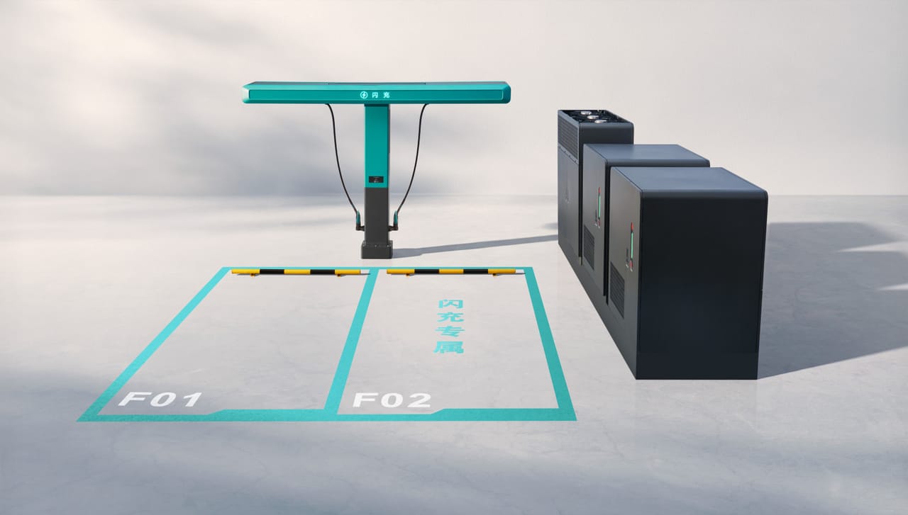 Two adjacent EV fast‑charging bays outlined in teal labeled F01 and F02, a central teal overhead charging arm with hanging cables, black power cabinets to the right, and Chinese pavement text meaning "flash charge only"