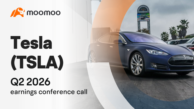 Promotional slide with moomoo logo and headline 'Tesla (TSLA) Q2 2026 earnings conference call' beside a blue Tesla sedan parked outdoors near palm trees with circular graphic overlays