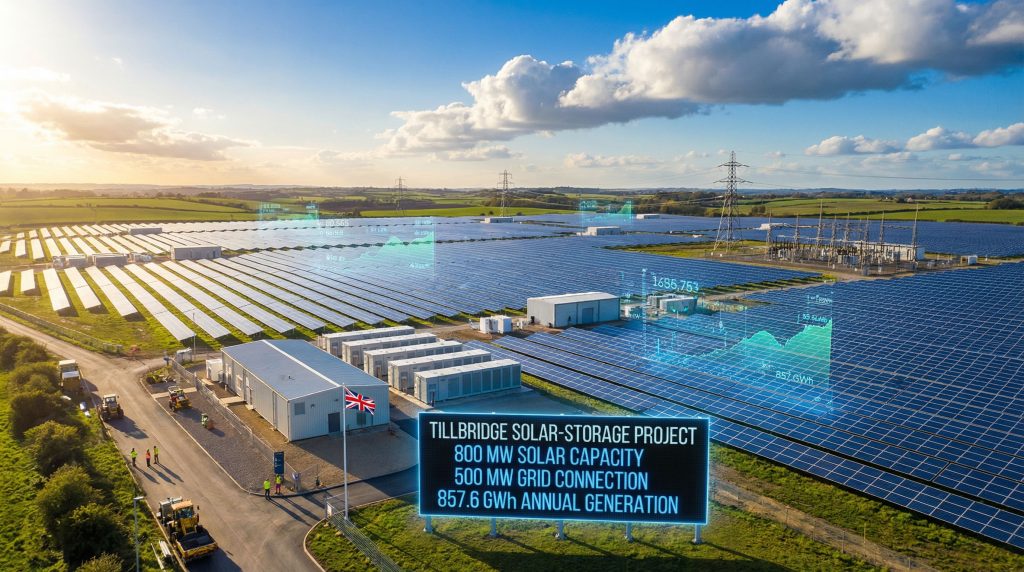 Aerial view of the Tillbridge solar-storage site: expansive rows of solar panels, a grid substation and battery/storage buildings flying a Union Jack, access roads and service vehicles under a partly cloudy sky.