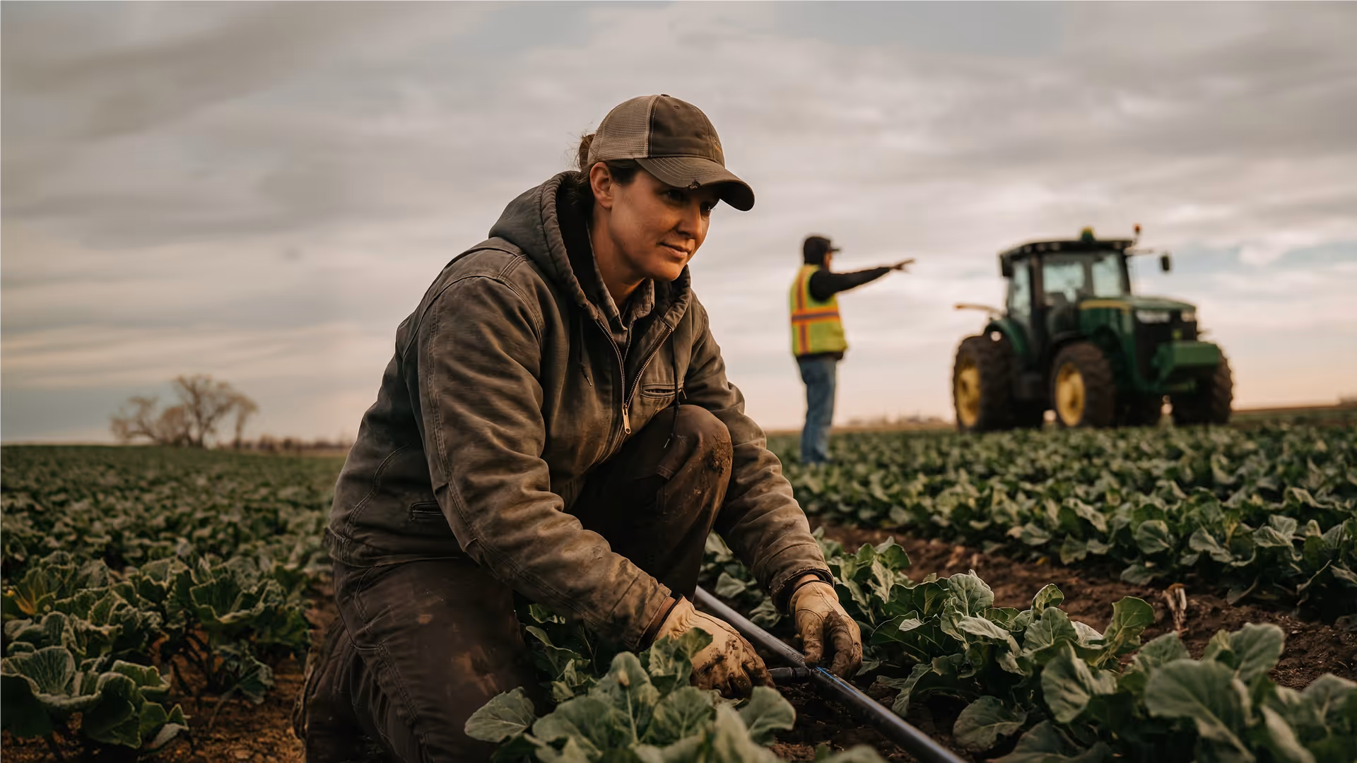 Woman wearing traditional attire and a large woven hat standing in a golden rice field with mountains in the background.