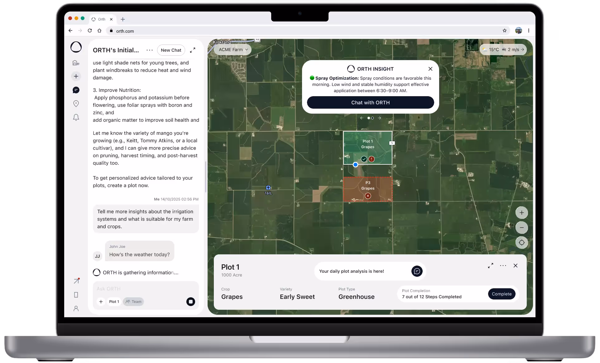Four farmers standing together in a field at sunset, smiling and looking at their smartphones.