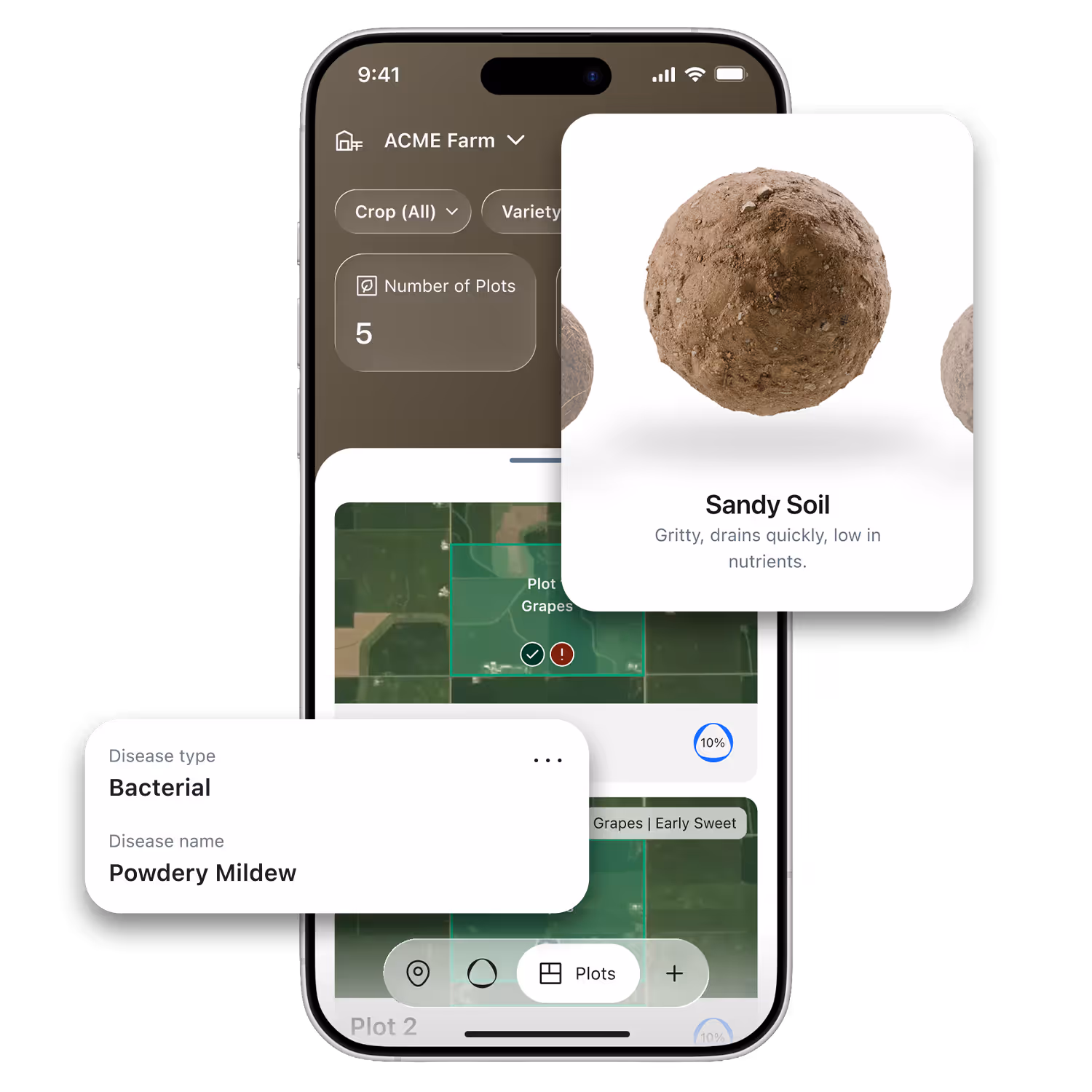 Four farmers standing in a field at sunset, smiling and looking at their smartphones together.