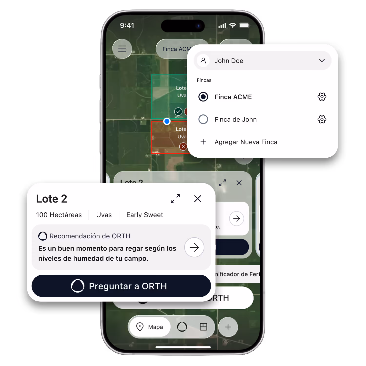 Cuatro granjeros parados en un campo al atardecer, sonriendo y mirando juntos sus teléfonos inteligentes.
