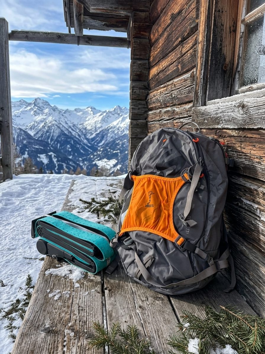 eSkins folded flat on a hut deck next to a ski touring backpack, valley and peaks beyond