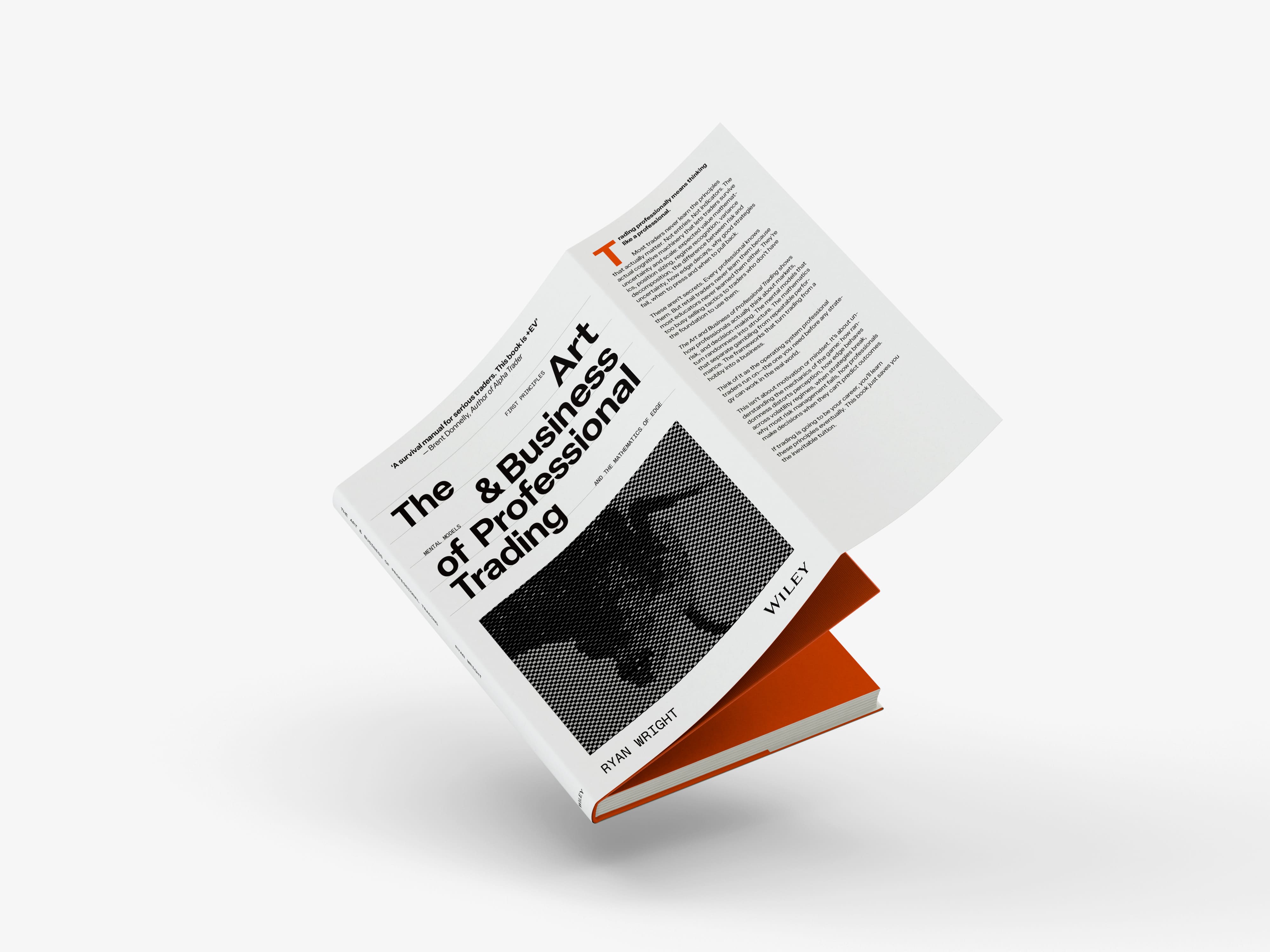 Book titled 'The Art & Business of Professional Trading' by Ryan Wright with a white cover and a halftone image of a bull.