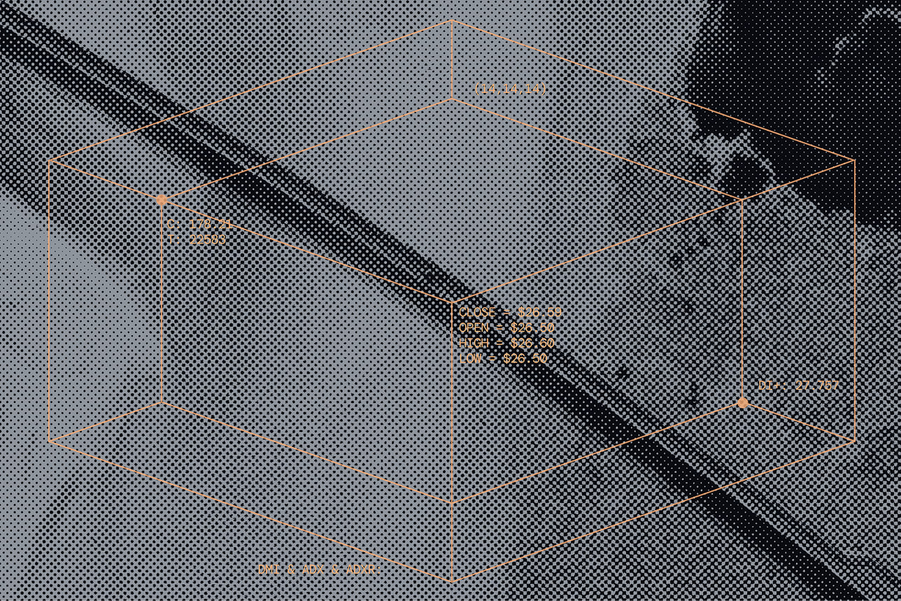 3D cube wireframe overlay on a halftone textured background showing stock data with values for close, open, high, low prices, and other coordinates.