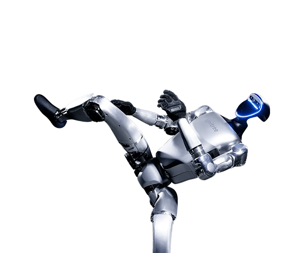 Unitree humanoid robot. Bal lába felemelve, a robot megdől, miközben a levegőbe rúg.