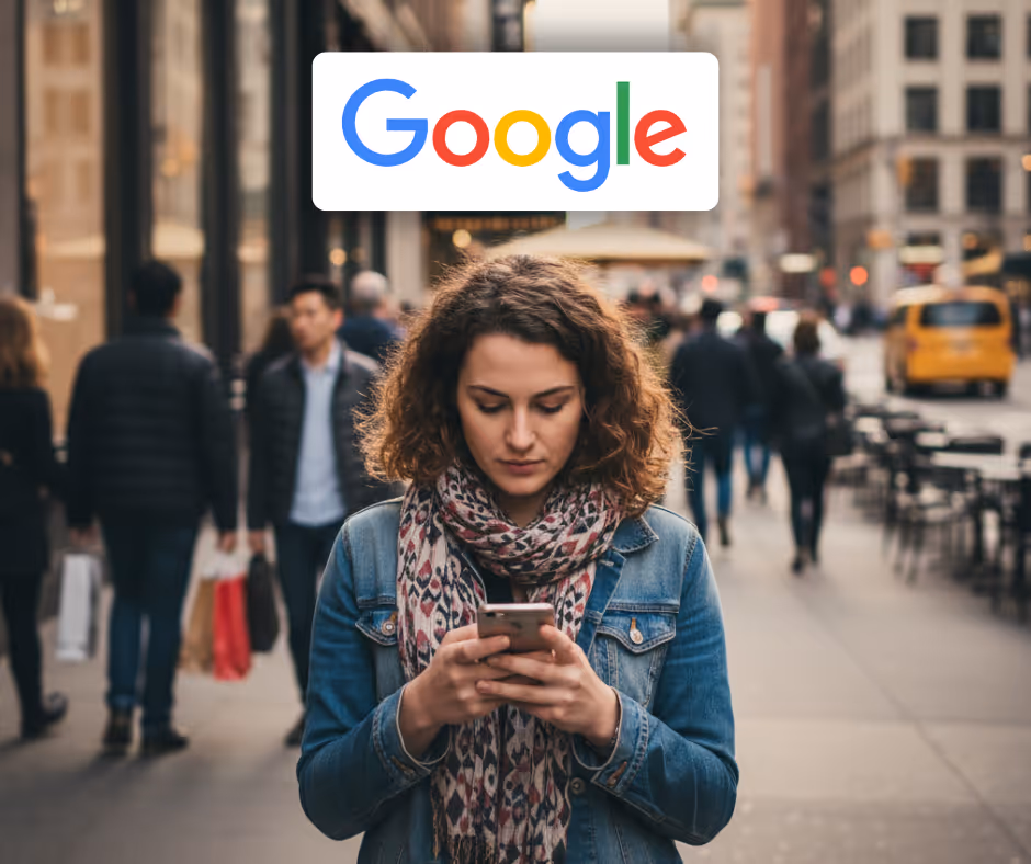 Woman with phone with Walmart Logo above her head.