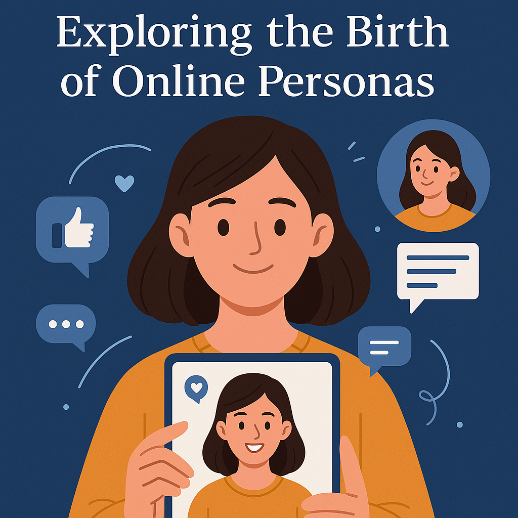 A digital illustration showing multiple abstract human faces emerging from screens and speech bubbles, representing the creation of online personas.