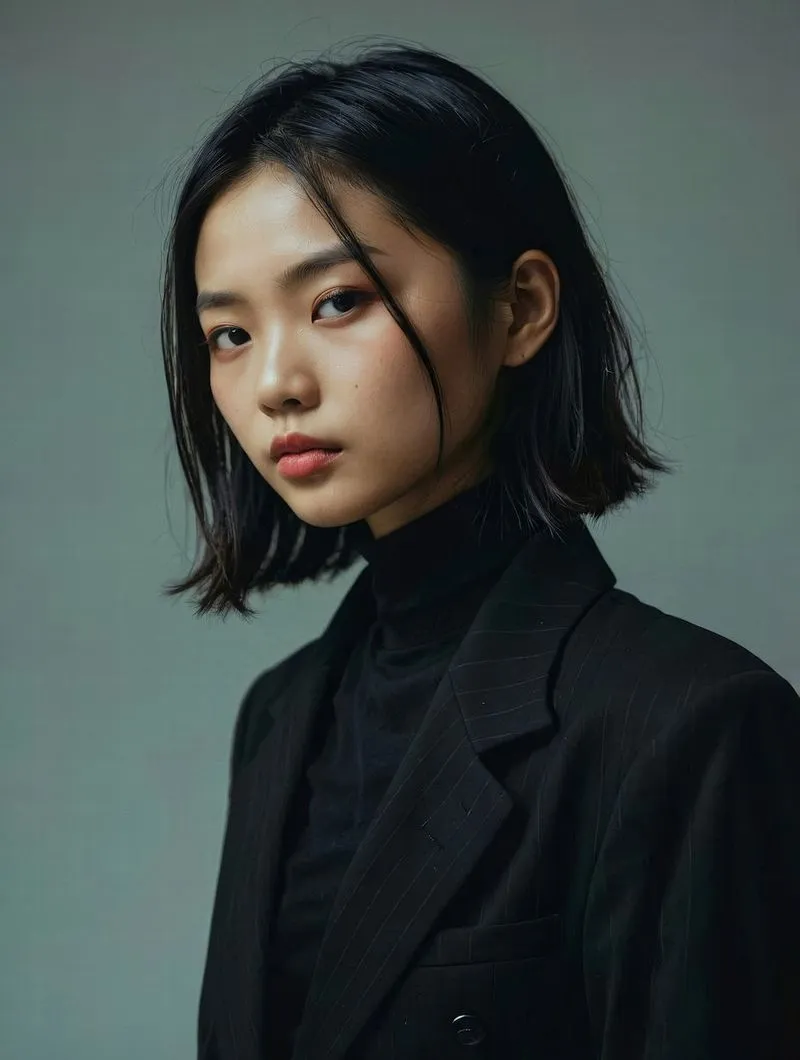 A woman in a black suit posing for a picture.