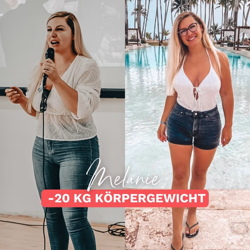 Vorher nachher Bild von Melanie, einer Teilnehmerin der Online-Ernährungsberatung bei Körperverwandlung, mit einem Gewichtsverlust von 20 kg trotz Lipödem. Links vor der Abnahme, rechts nach ihrem Erfolg.